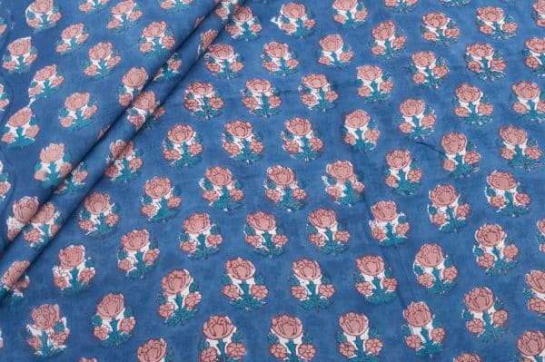 Saphhire Blue Floral Handblock Printed 100% Pure Soft Cotton Fabric