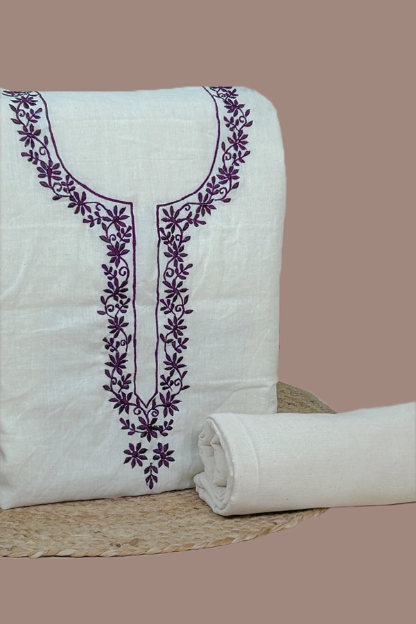 2Pc Handloom Embroidered Neck Design Soft Cotton Top(3m) Bottom(2.5m) Fabric Set