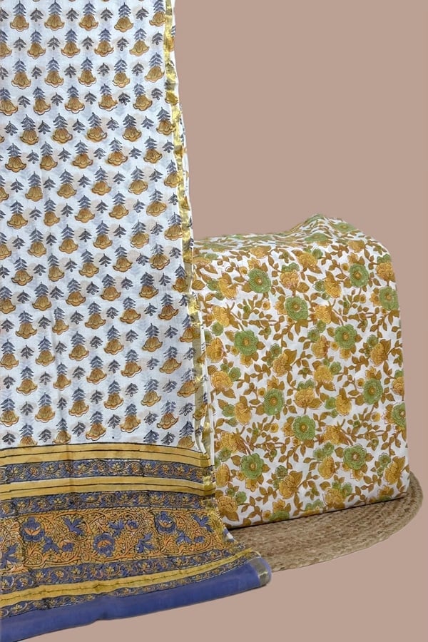 2pc Blockprinted Cotton Dupatta and Pure Soft Cotton Top Fabric Set