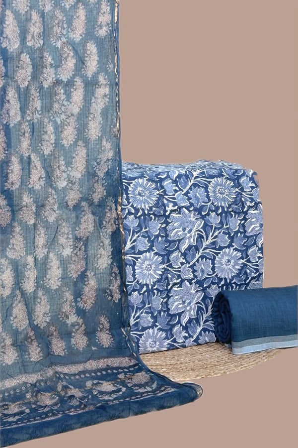3Pc Blockprinted Soft Cotton Dupatta with Pure Soft Cotton Top & Handloom Cotton Bottom Fabric Set