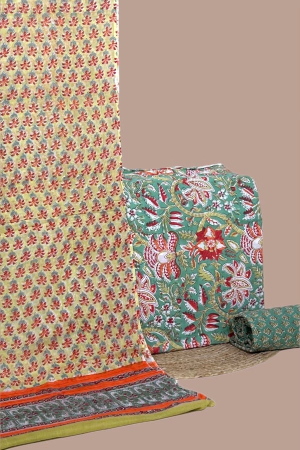 3Pc Blockprinted Soft Cotton Dupatta with Pure Soft Cotton Top & Bottom Fabric Set