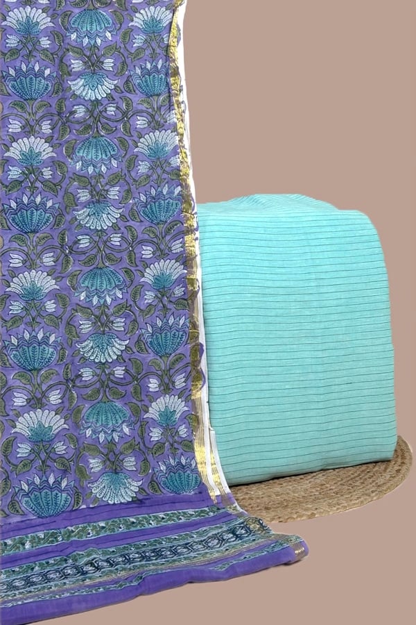 2pc Blockprinted Cotton Dupatta and Handloom Stripes Soft Cotton Top Fabric Set