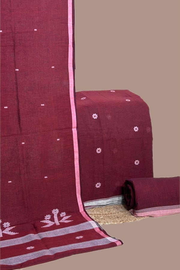 3Pc Handloom Cotton Dupatta with Woven Motif Top & Handloom Soft Cotton Bottom Fabric Set
