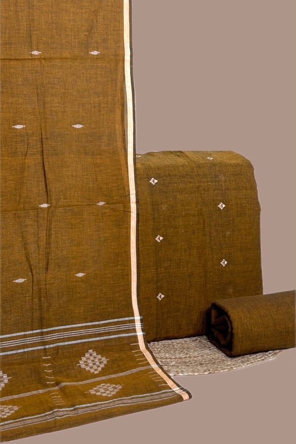 3Pc Handloom Cotton Dupatta with Woven Motif Top & Handloom Soft Cotton Bottom Fabric Set