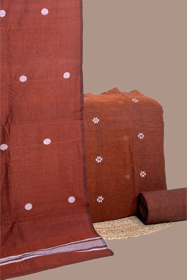 3Pc Handloom Cotton Dupatta with Woven Motif Top & Handloom Soft Cotton Bottom Fabric Set