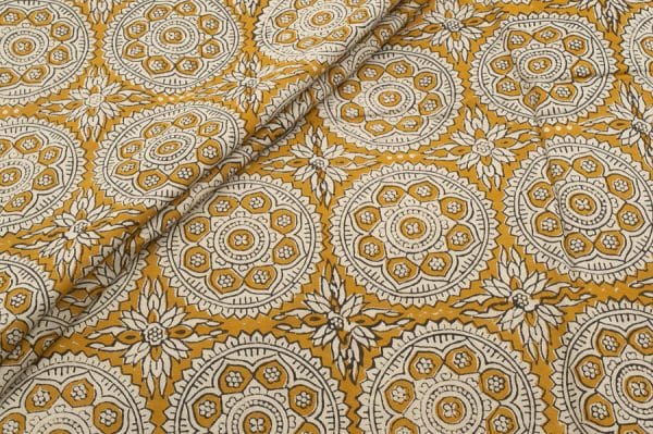 Natural Mustard Yellow Bagru Handblock Printed Cotton Fabric