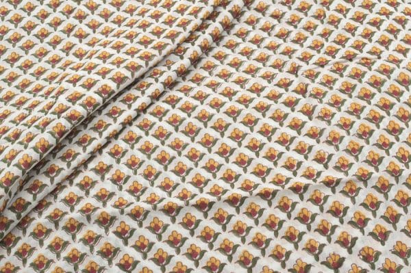 Pre-Cut 1.30m White Floral Handblock Printed 100% Pure Soft Cotton Fabric