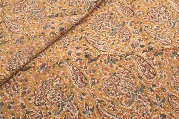Pre-Cut 1.40m Mustard Yellow Natural Dye Soft Handblock Kalamkaari Printed Cotton Fabric