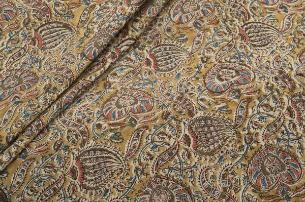 Mustard Yellow Natural Dye Soft Handblock Kalamkaari Printed Cotton Fabric