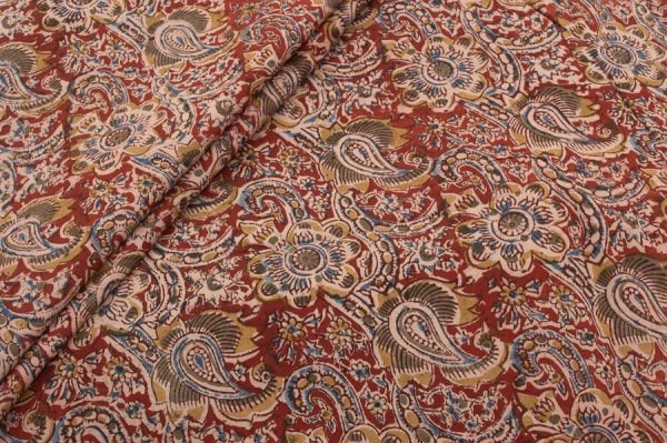 Red Natural Dye Handblock Kalamkaari Printed Cotton Fabric