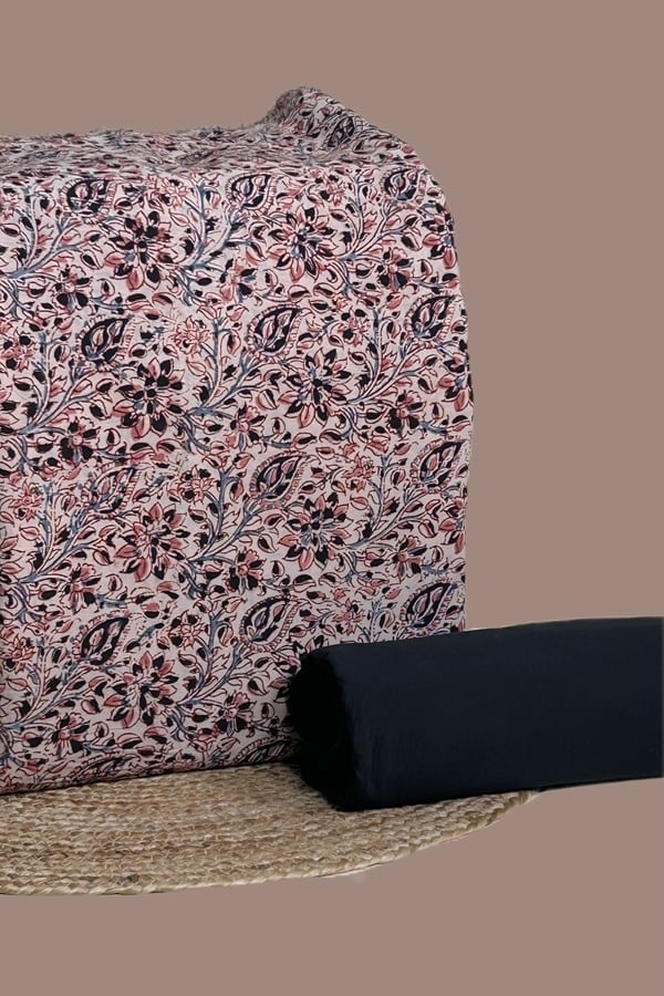 2pc Kalamkari Blockprinted Soft Cotton Top and Plain Dyed Cotton Bottom Fabric Set
