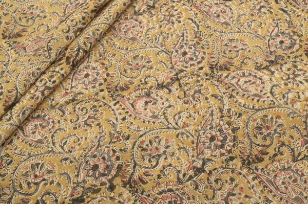 Mustard Yellow Natural Dye Soft Handblock Kalamkaari Printed Cotton Fabric