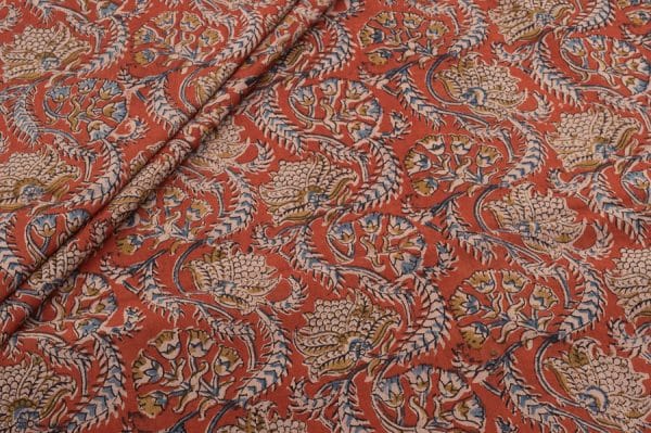 Red Natural Dye Soft Handblock Kalamkaari Printed Cotton Fabric