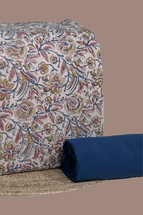 2pc Kalamkari Blockprinted Soft Cotton Top and Plain Dyed Cotton Bottom Fabric Set