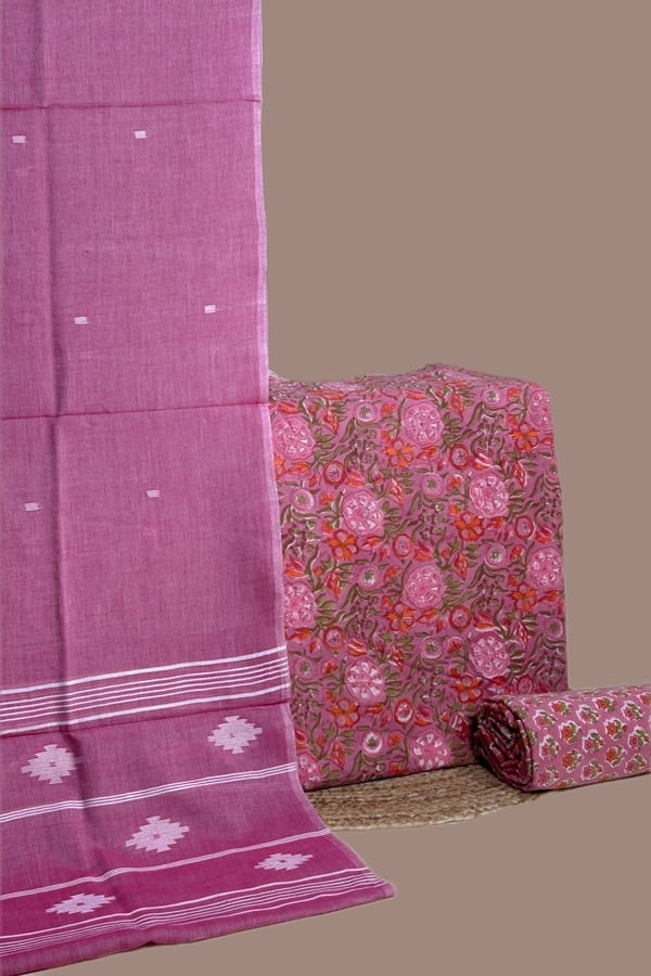 3pc Handloom Soft Cotton Dupatta with Pure Soft Cotton Top & Bottom Set
