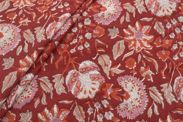 Pre-Cut 1.95m Ruby Red Floral Handblock Printed 100% Pure Soft Cotton Fabric
