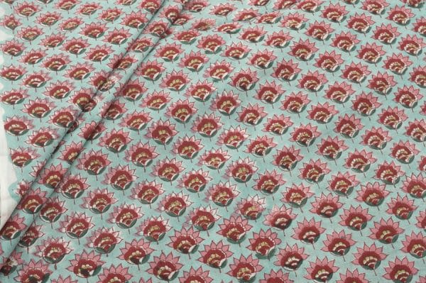 Pre-Cut 2.20m Pastel Blue Floral Handblock Printed 100% Pure Soft Cotton Fabric