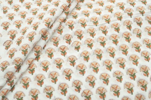 White Floral Handblock Printed 100% Pure Soft Cotton Fabric