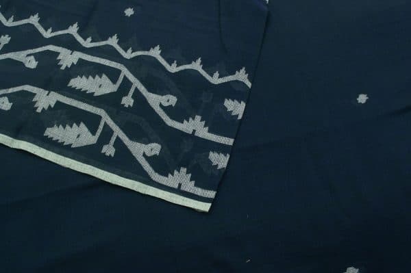 Pre-Cut 1m Navy Blue Handloom Intricate Border Flowy HandLoom Pure Soft Cotton Fabric