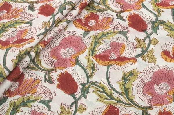 Pre-Cut 1.50m White Floral Handblock Printed 100% Pure Soft Cotton Fabric