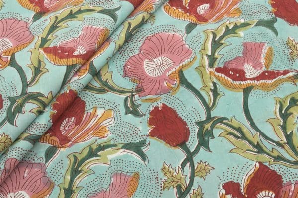 Pastel Blue Floral Handblock Printed 100% Pure Soft Cotton Fabric