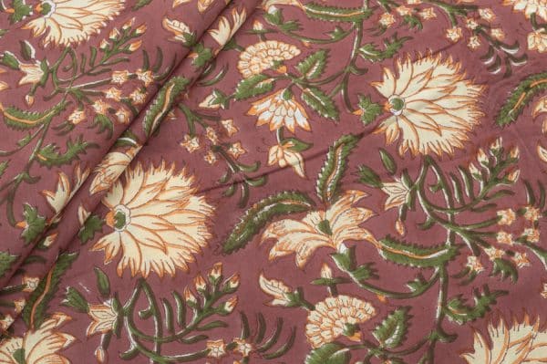 Brownish Red Floral Handblock Printed 100% Pure Soft Cotton Fabric