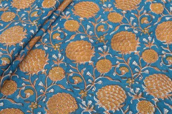 Sapphire Blue Floral Handblock Printed 100% Pure Soft Cotton Fabric