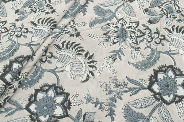 Pre-Cut 0.90m Cloud Gray Floral Handblock Printed 100% Pure Soft Cotton Fabric