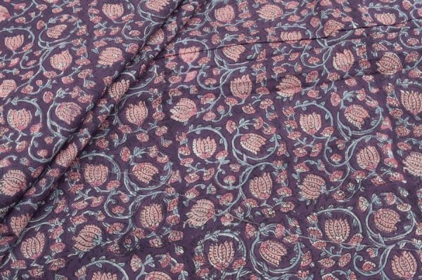 Northwestern Purple Floral Handblock Printed 100% Pure Soft Cotton Fabric