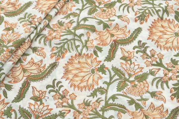 White Floral Handblock Printed 100% Pure Soft Cotton Fabric