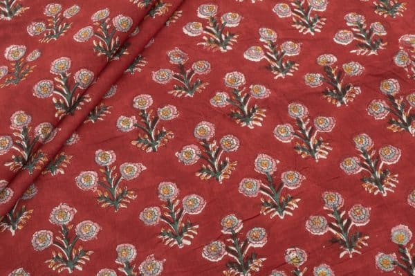 Ruby Red Floral Handblock Printed 100% Pure Soft Cotton Fabric
