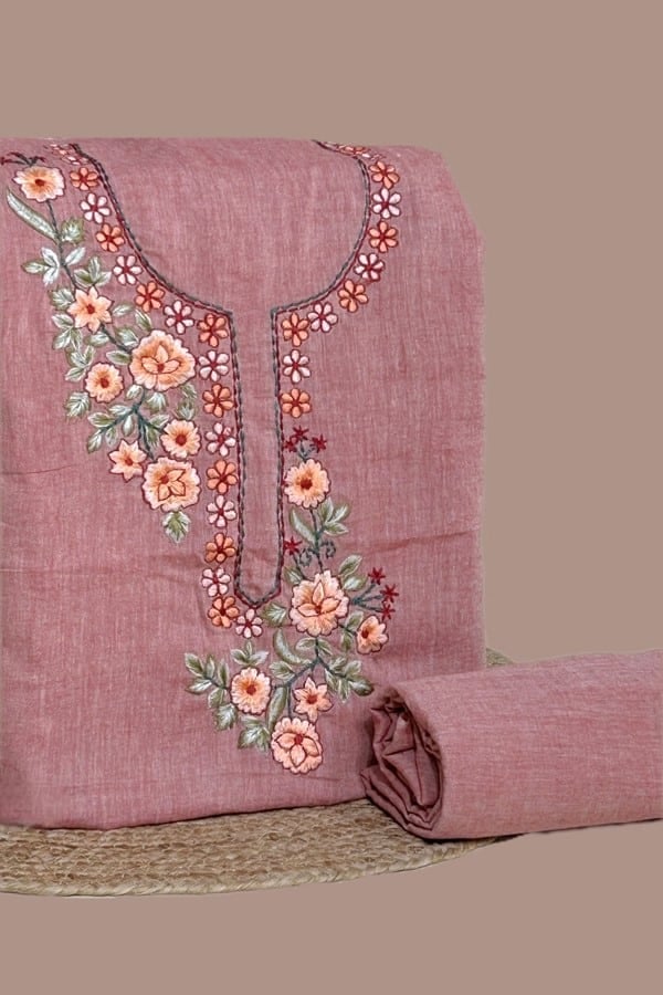 2Pc (3mtr Top) Handloom Embroidered Neck Design Soft Cotton Top(3m) Bottom(2.5m) Fabric Set