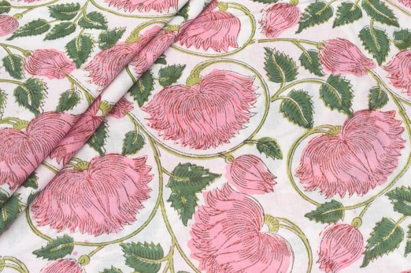 White Floral Handblock Printed 100% Pure Soft Cotton Fabric