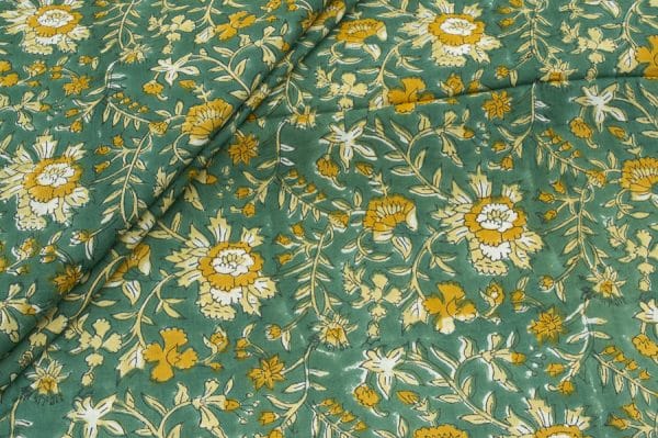 Pre-Cut 1.90m Vridian Green Floral Handblock Printed 100% Pure Soft Cotton Fabric