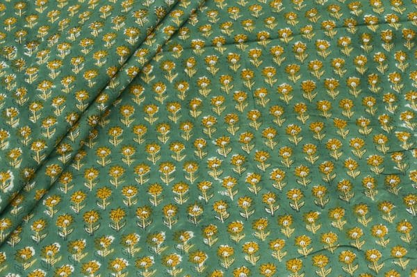 Pre-Cut 2.35m Vridian Green Floral Handblock Printed 100% Pure Soft Cotton Fabric