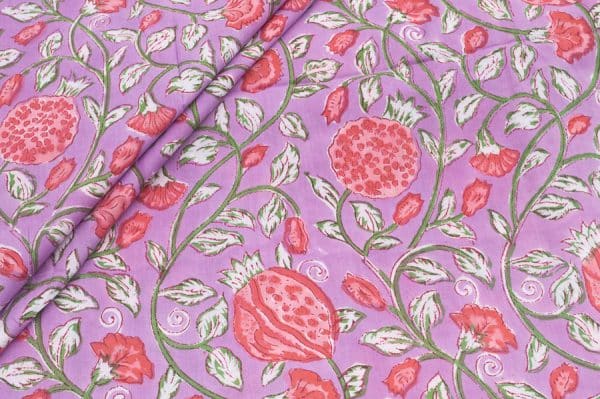Wisteria Purple Floral Handblock Printed 100% Pure Soft Cotton Fabric
