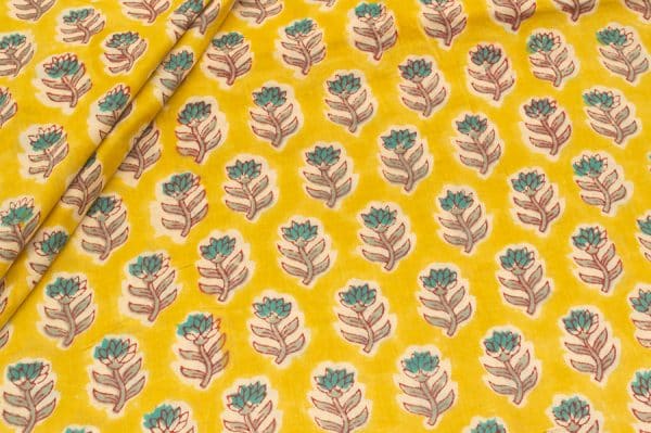 Pre-Cut 1.30m Golden Yellow Floral Handblock Printed 100% Pure Soft Cotton Fabric