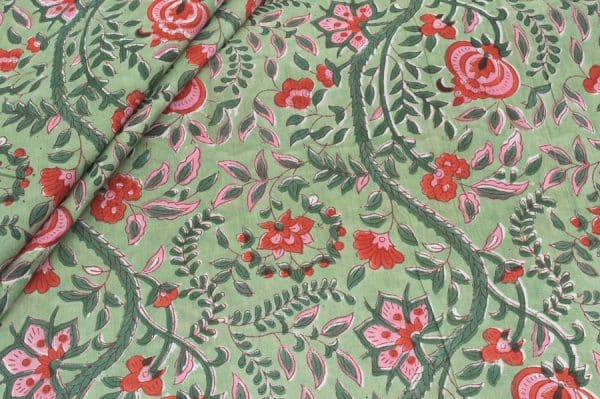 Pistachio Green Floral Handblock Printed 100% Pure Soft Cotton Fabric