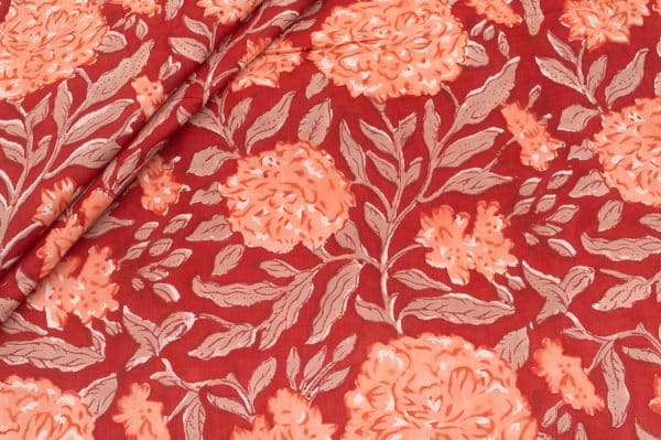 Pre-Cut 0.80m Scarlet Red Floral Handblock Printed 100% Pure Soft Cotton Fabric
