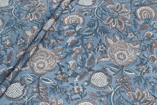 Pre-Cut 1.80m Sky Blue Floral Handblock Printed 100% Pure Soft Cotton Fabric