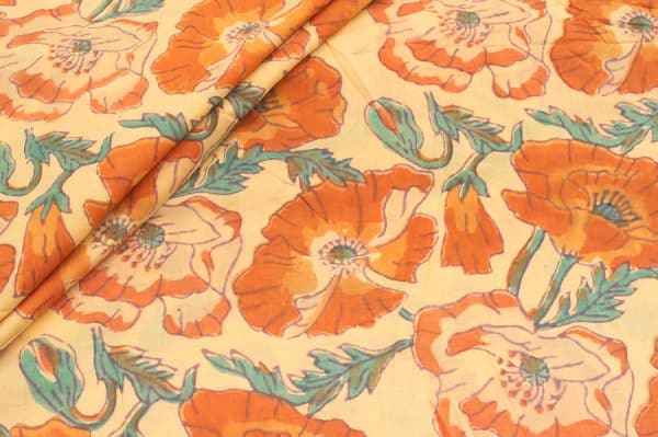 Pre-Cut 1.85m Flax Yellow Floral Handblock Printed 100% Pure Soft Cotton Fabric