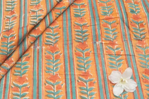 Pre-Cut 2m Papaya Orange Floral Handblock Printed 100% Pure Soft Cotton Fabric