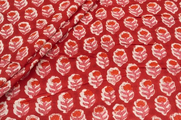 Flame Red Floral Handblock Printed 100% Pure Soft Cotton Fabric