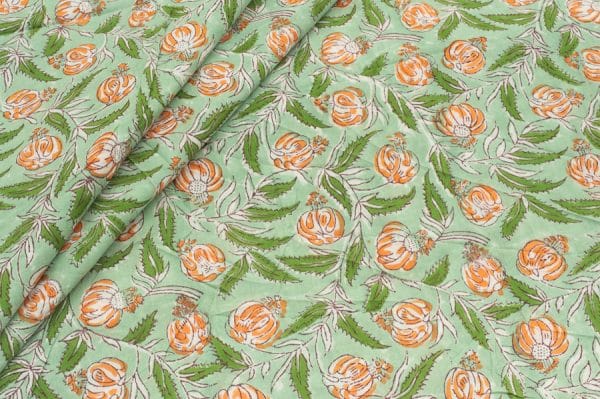 Moss Green Floral Handblock Printed 100% Pure Soft Cotton Fabric