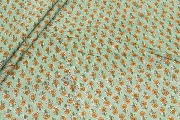 Moss Green Floral Handblock Printed 100% Pure Soft Cotton Fabric