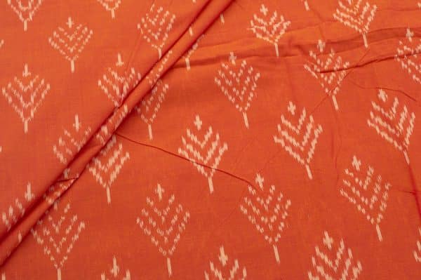 Pumpkin Orange Mercerised Fine Handloom Ikkat Tie-Dye Pure Soft Cotton Fabric