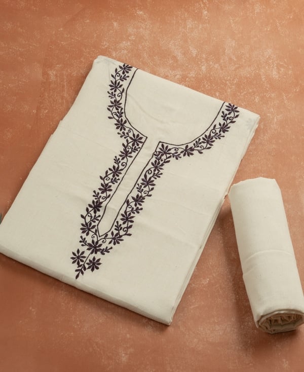 2Pc Handloom Embroidered Neck Design Soft Cotton Top(3m) Bottom(2.5m) Fabric Set