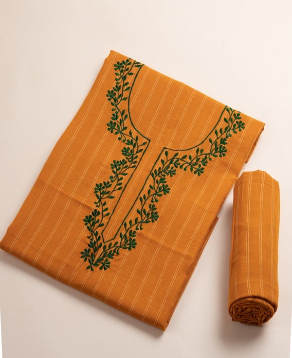 2Pc Set (3mt Top + 2.5mt Bottom) Handloom Embroidered Neck Design Soft Cotton Top(3m) Bottom(2.5m) Fabric Set