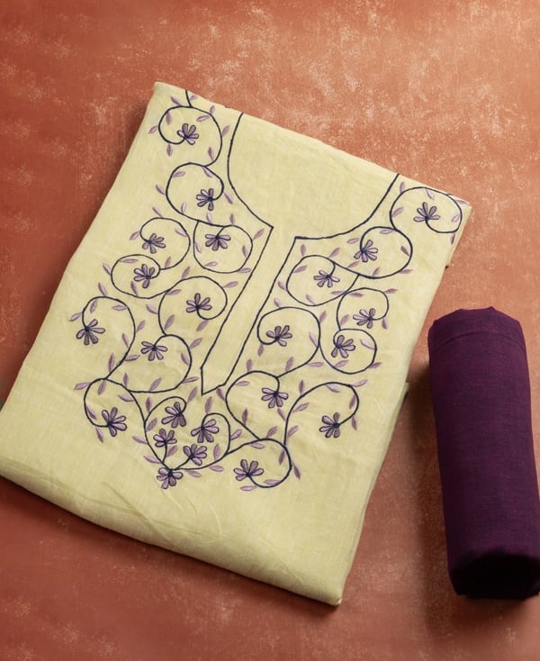 2Pc LINEN Embroidered Neck Design Top(3m) Handloom Soft Cotton Bottom(2.5m) Fabric Set