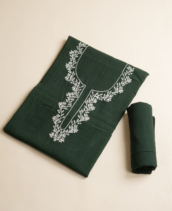2Pc Handloom Embroidered Neck Design Soft Cotton Top(3m) Bottom(2.5m) Fabric Set